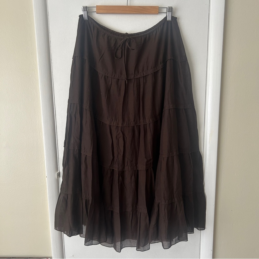 Brown Maxi A-line Tiered Tie-Waist Skirt